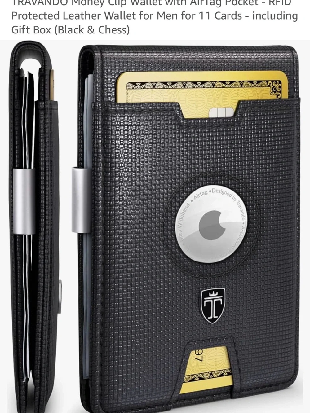 TRAVANDO Black RFID Money Clip Wallet with AirTag Pocket